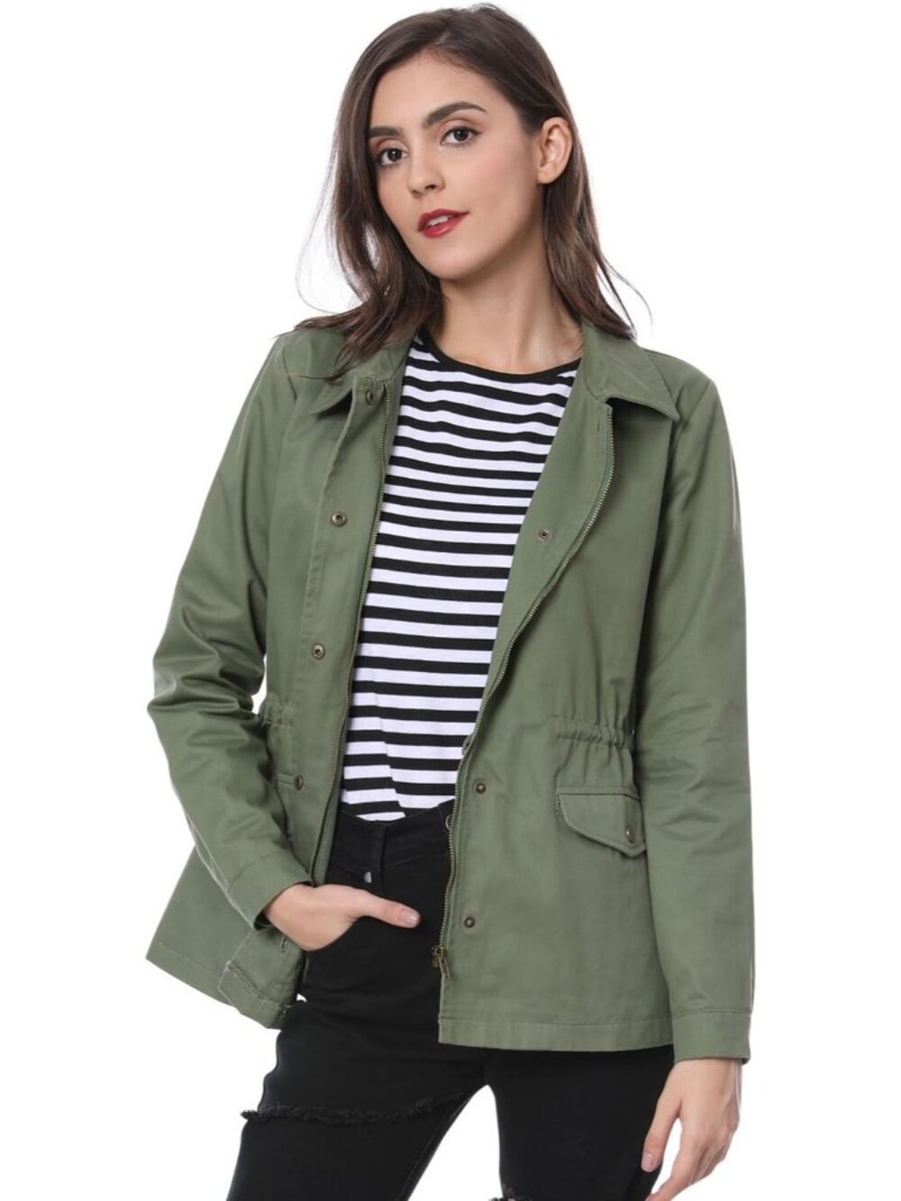 Women's Green Zip Up Snap Buttons Drawstring Waist Pockets Anorak Utility Jacket